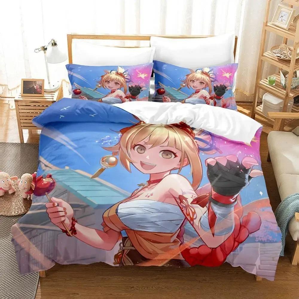 Game Yoimiya Genshin Impact Bedding Set Cartoon Anime Three-piece Set Adult Kid Bedroom Duvet Cover Sets 3D Kawaii Girls