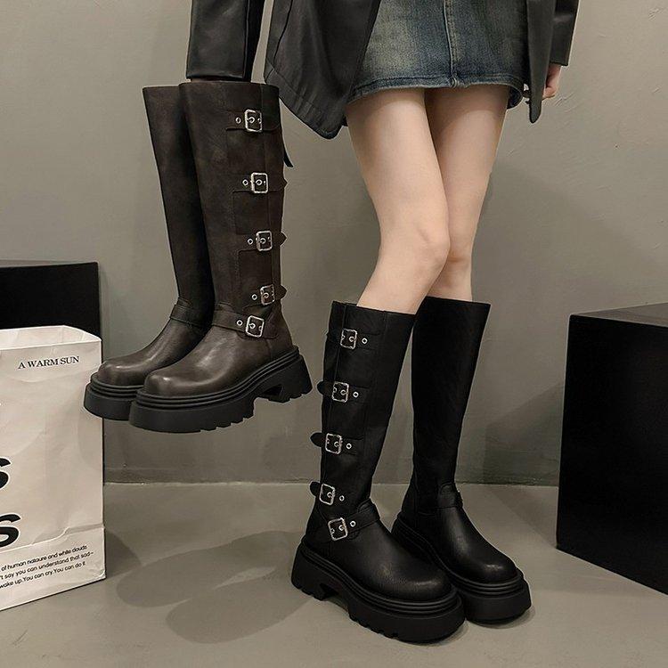 Martin boots women's shoes metal belt buckle thick-soled muffin but knee boots locomotive boots thin boots small long boots