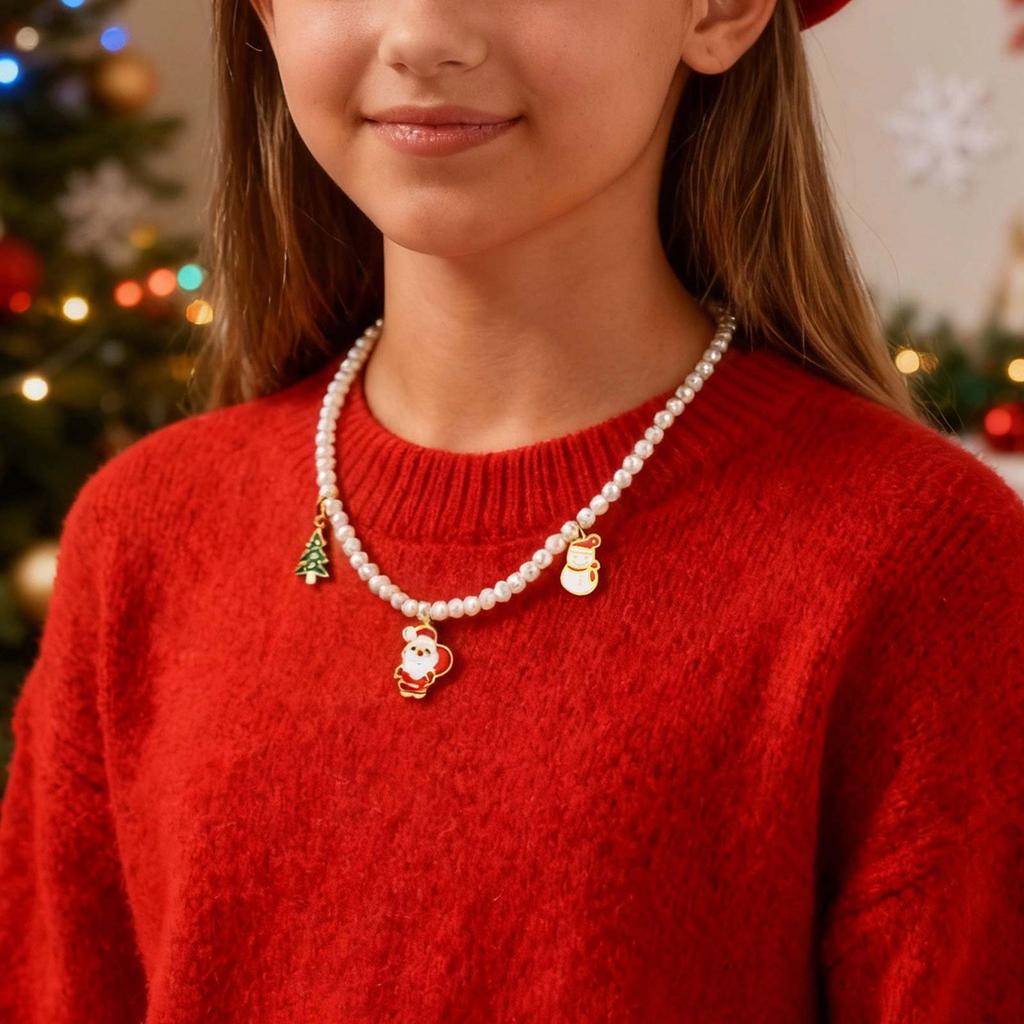 Christmas Tree Santa Snowman Pendant Necklace for Women Girl, Imitation Pearl Necklace, Stainless Steel Jewelry Festival Gift