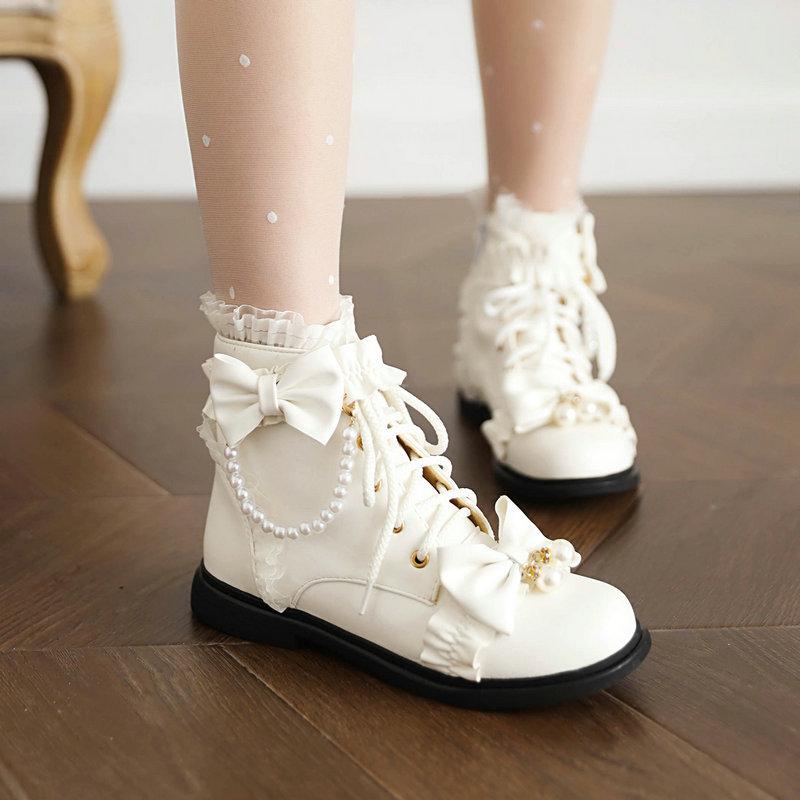 Size28-43 Bow Lolita Girls Short Boots Women Ankle Boots Lace-Up Zipper School Cosplay Princess Lolita Flat Shoes Girls Booties