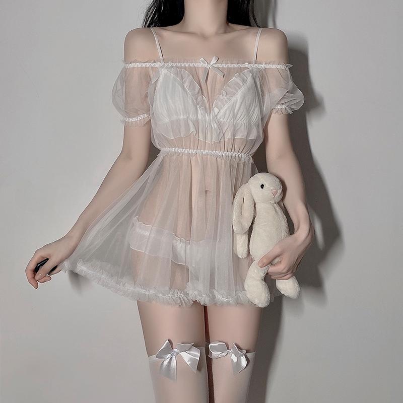 Sexy Lingerie Set Women Sheer Lolita Dress Cute Kawaii Cosplay Bra Panties Outfit Erotic See Through Underwear