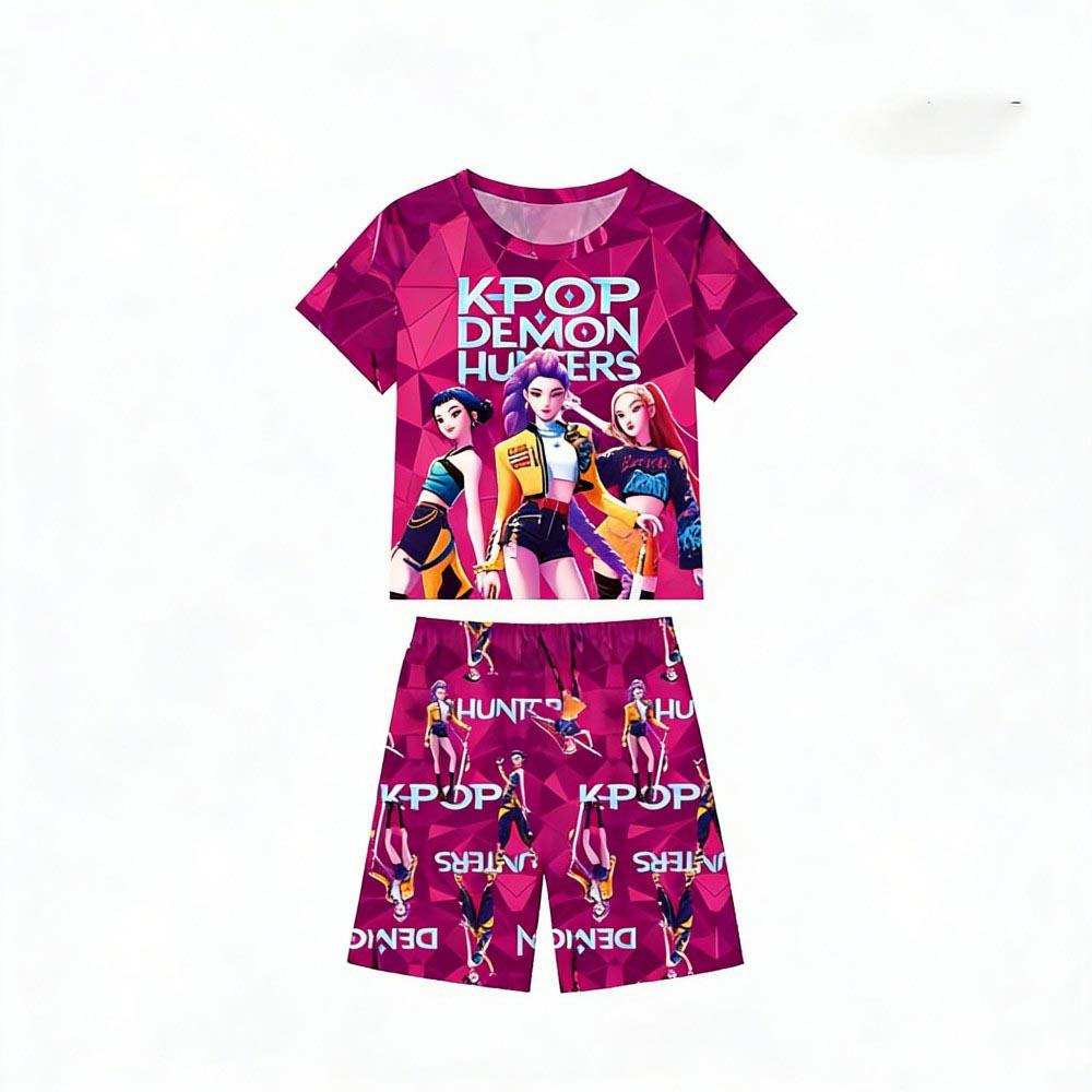 Zomer Kinder Pyjamaset Kpop Demon Hunters Bedrukt Kinder O-hals Korte Mouw Tops Shorts 2 Stuks Zomer Meisjes Casual T-shirt Sets