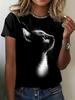 Women's 3D Cat Graphic Print T-Shirt - Black ; White Contr