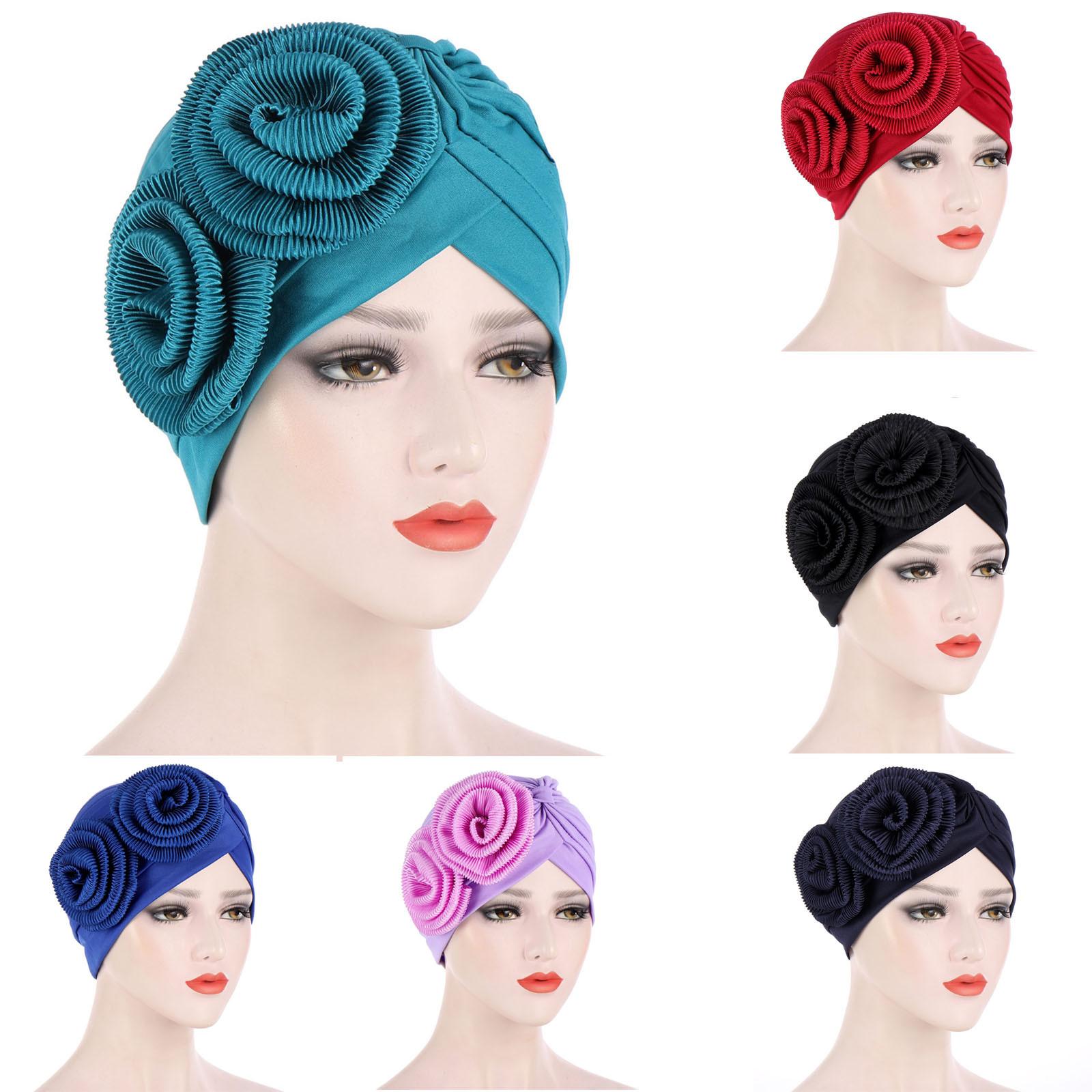 

Женская однотонная индийская шляпа с цветочным принтом, мусульманская химиотерапевтическая шляпа с рюшами, кепка с запахом