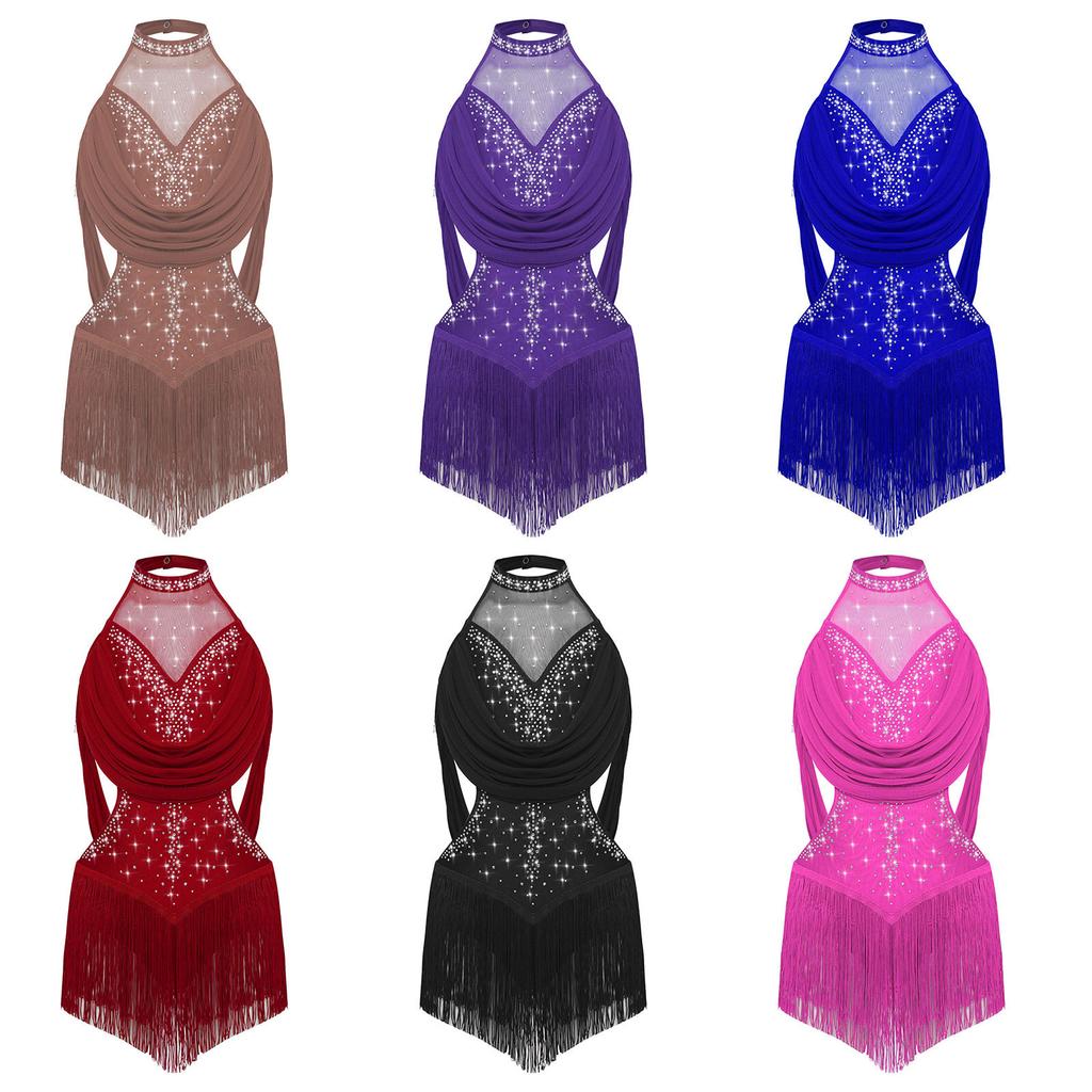 Girls Latin Performance Leotard Ruched Mesh Drapes Glittery Rhinestones with Tassel
