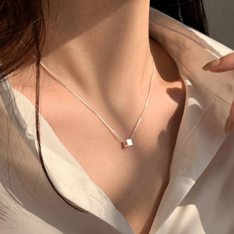 S999 Sterling Silver Brushed Square Pendant Necklace for Women - Luxury Clavicle Chain, Versatile High-End Square Choker