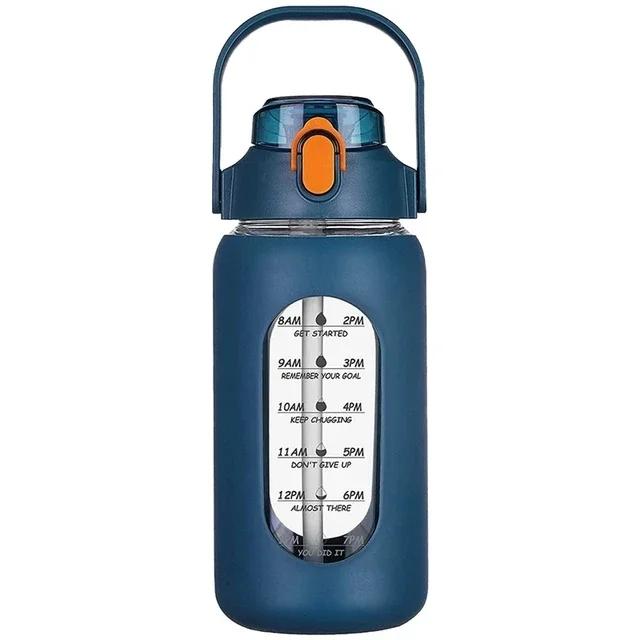 1000ML Glass Water Bottles With Straw, Glass Bottle With Silicone Sleeve And Time Marker, For Gym Camping Home Office