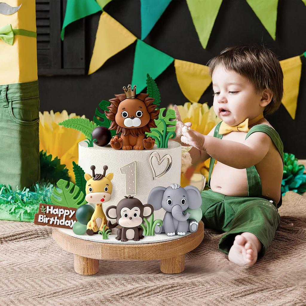 Cake Topper - Jungle Wild Cake Toppers with Leaves Balls Cake Decorations for Safari Animals Themed Birthday Party Decorations