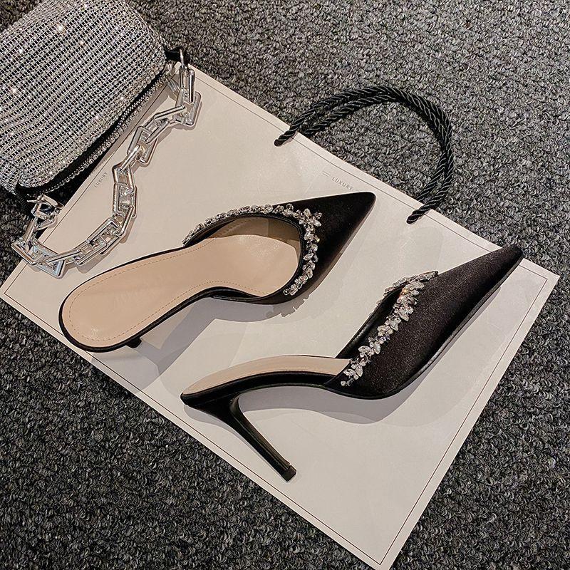 Black Satin Pointed Rhinestone High Heels 2025 Spring New Internet Celebrity Sexy Thin Heel Bag Head Cool Slippers Women