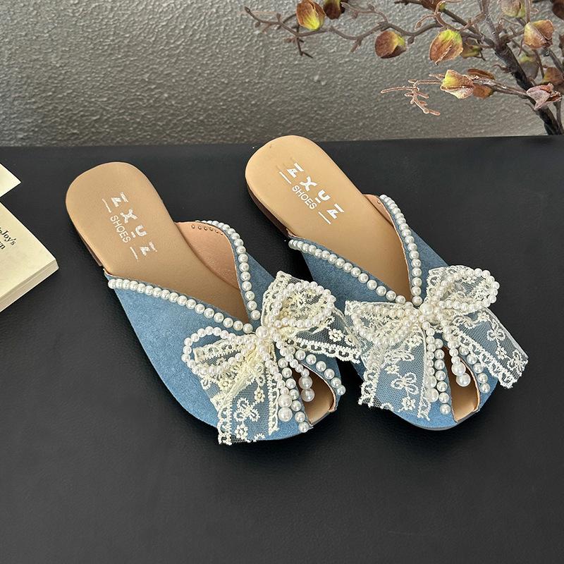 Papuci de casă Baotou pentru femei 2025 primăvară și vară nou fund moale modă fundă cu perle gură de pește purtare sandale cu toc pană