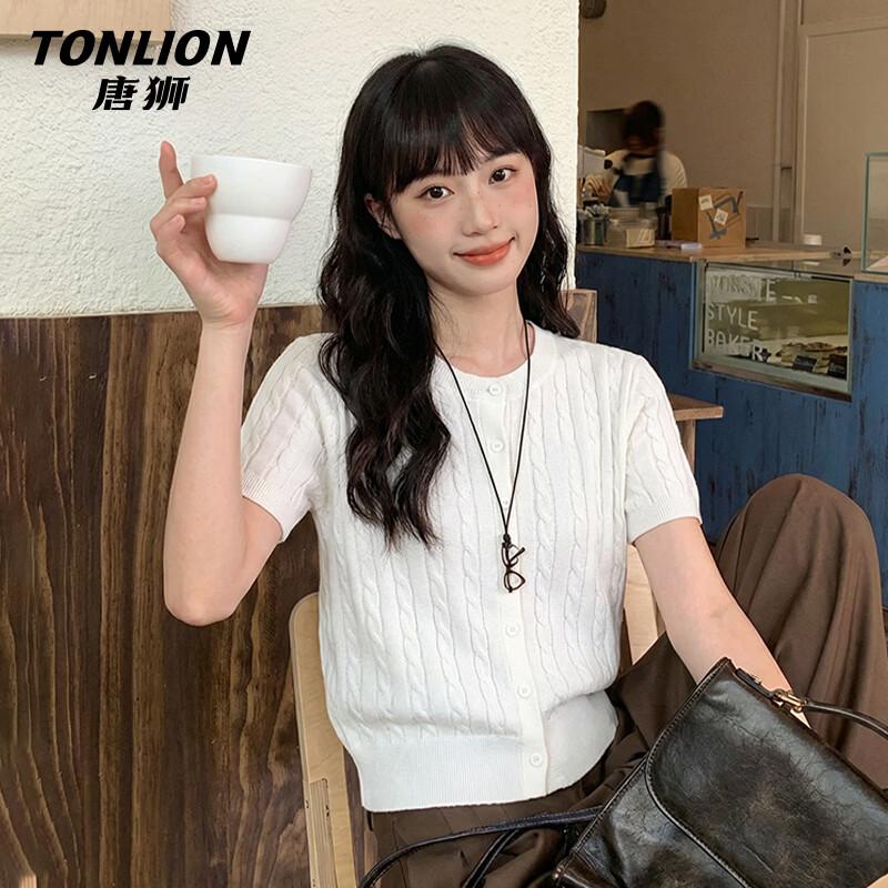 TonLion Women s Round Neck Cable Knit Short Sleeve T-Shirt L