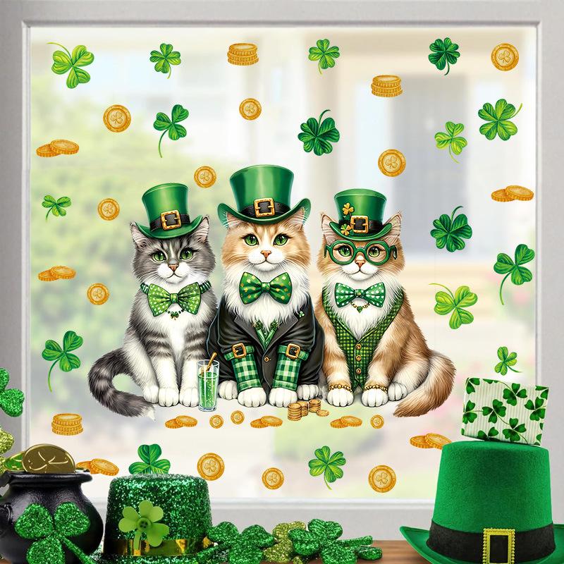 St. Patrick’s Day Shamrock Clover Cat Window Sticker Irish Green Hat Wall Decor Removable Holiday Home Decoration
