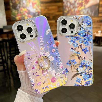 Θήκη Κινητού Τηλεφώνου για iPhone16E με Δακτύλιο Στήριξης για Apple 15promax Επιμεταλλωμένη Θήκη με Λουλούδι Λέιζερ Σκληρή Θήκη