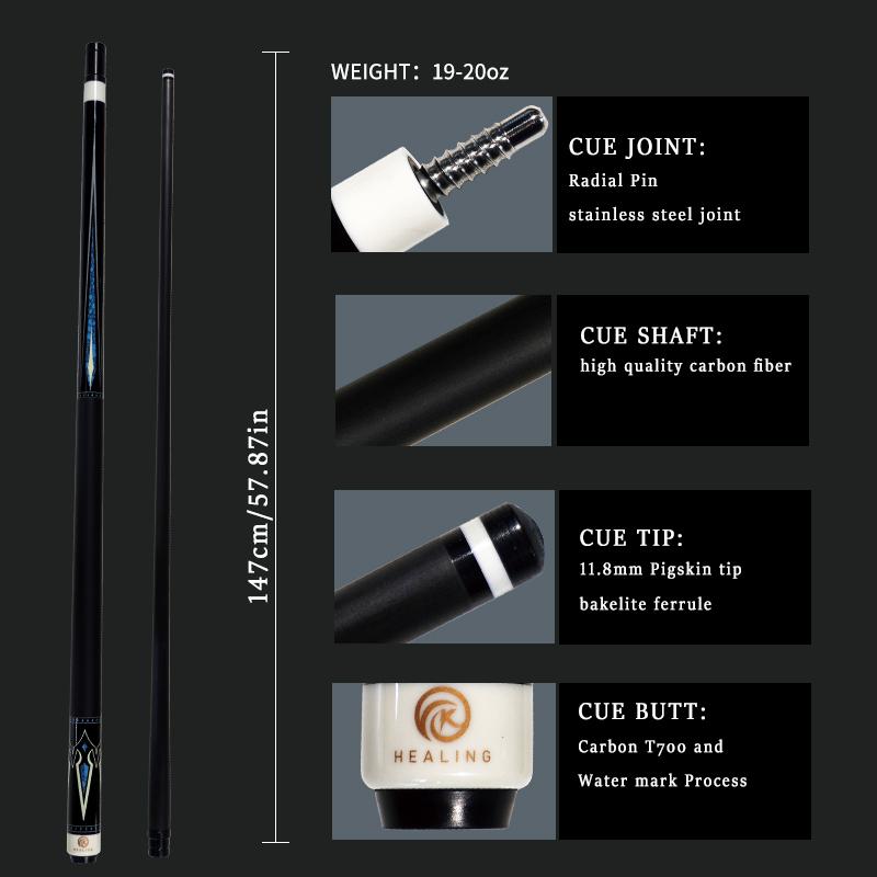 OKHEALING Carbon Fiber Pool Cue Black Technology Billiard Cue Sticks 11.8mm Tip Radial Pin Joint 147cm/58inch Length 19~20oz Weight