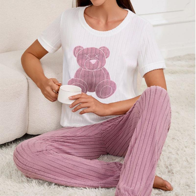 

Новый милый домашний костюм-двойка свободного кроя с принтом пижамы, футболка с короткими рукавами и длинные брюки XXL фиолетовый