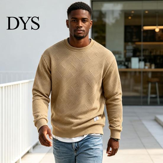 Mens Casual Crewneck Sweatshirt Men Sweatshirt, Soild Color Geometric Texture Ribbed Cuff Hem Loose Fit Pullover Shirt for Office Street Daily
