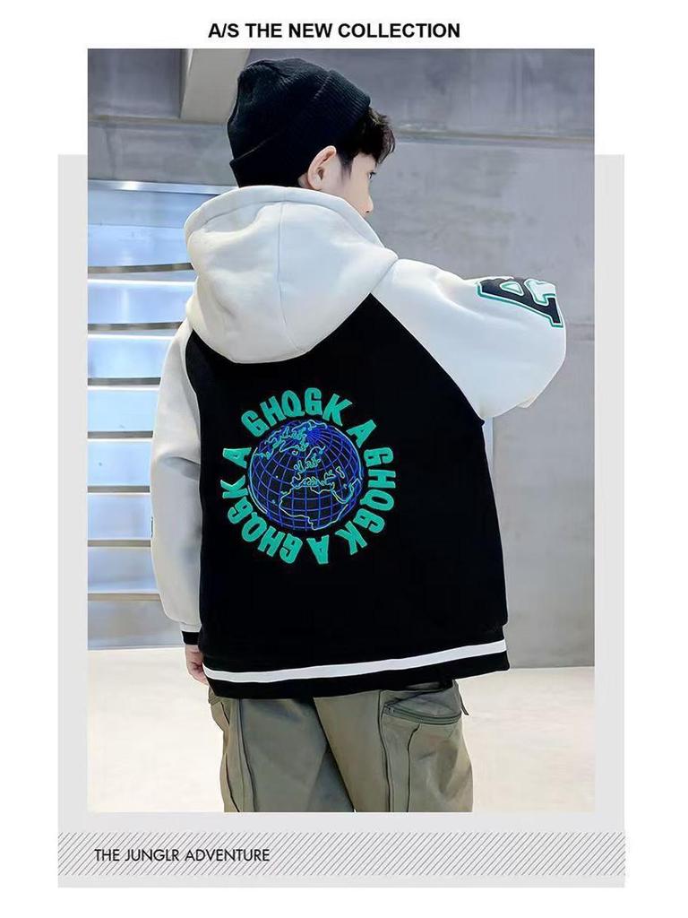 Jungen Mittlere-Große Koreanischer Stil Patchwork Kapuzen-Baseballjacke - Frühling/Herbst 2025