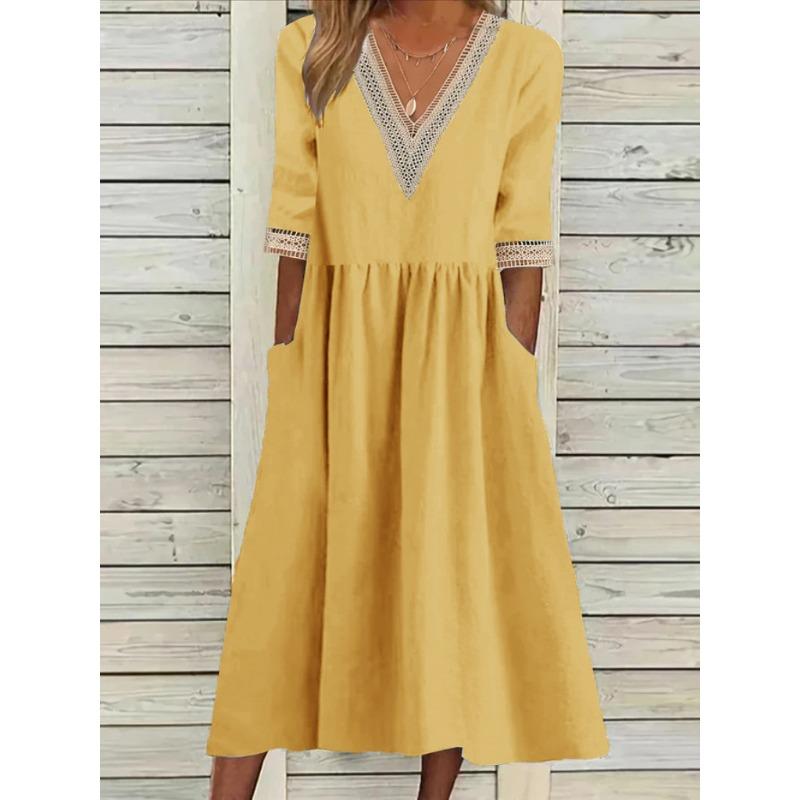 Mote V-hals Stor Størrelse Kort Erm Sommerkjole Kvinner Elegant Løs Kontor Casual A-linje Selskapsblonderkjoler Ensfarget Dame Plissert Hul Bekledning