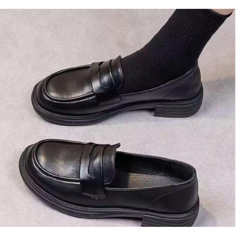 New Women'S British Style Leather Loafers - Classic Black Slip-On Flats, Round-Toe Work Shoes Office & Daily Wear