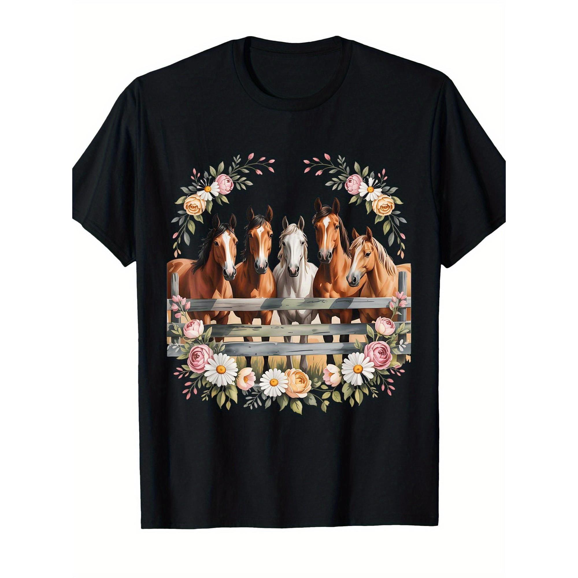 

Floral Horse Wreath Graphic Tee Unisex Soft Crew Neck T-Shirt Equestrian Gift Casual Wear - Men s Summer Cotton Graphic Tee S разноцветный