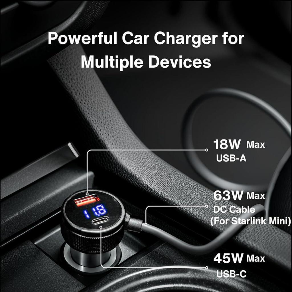 High-Power Mini Car Charger with Digital Display & Waterproof Three-in-One DC Power Cord