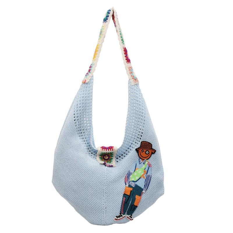 Carto Figure Hollow Mesh Knit Shoulder Bag,Beach Vacati Slouchy Chic Tote Bag,Lightweight Laid-Back Casual Women Handbag