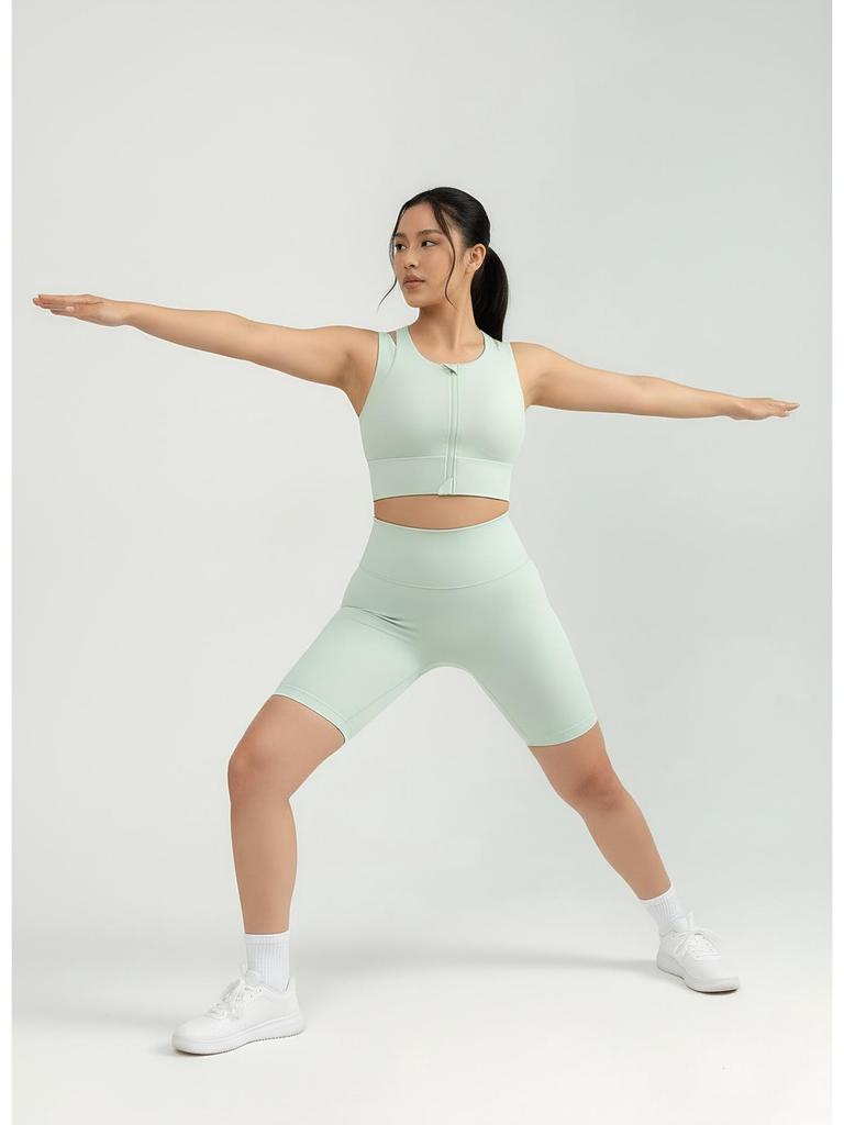 Light Green Front Zip Sports Bra with Fixed Pad: Shockproof and Stylish for Women