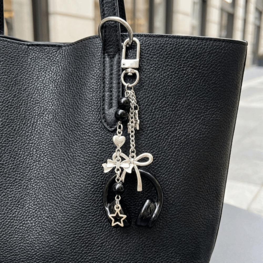 Black Silver Bow Star Bag Charms Beaded Pendants Creative Phone Lanyards  Girl