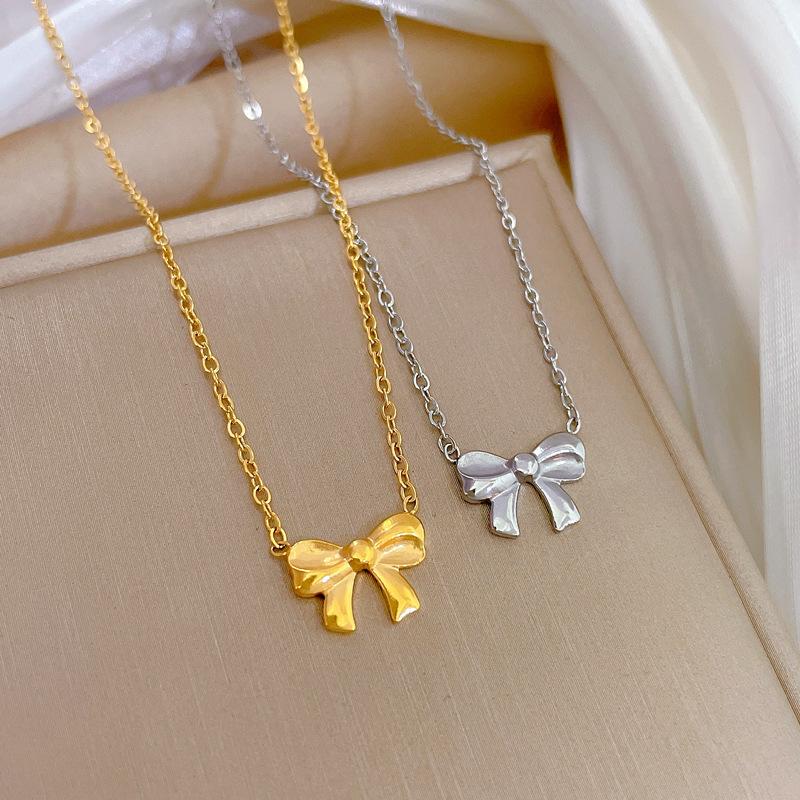 Simple Bow Temperament Personality Minimalist Furnace Real Gold Necklace Female Collarbone Chain