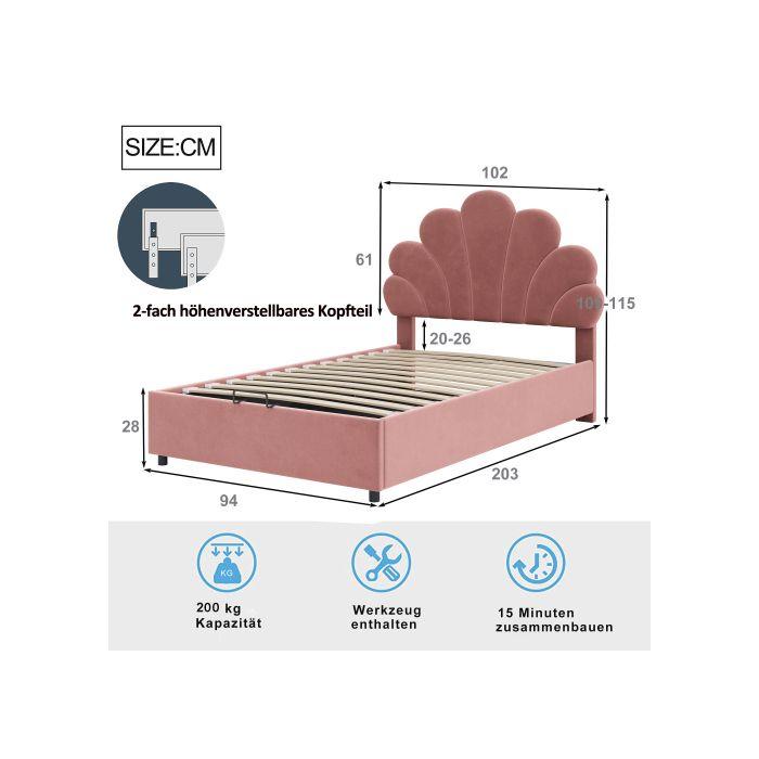 Lit enfant - MUVOE - 90 x 200 cm - Tête de lit fleurie - Rembourré en velours - Rose