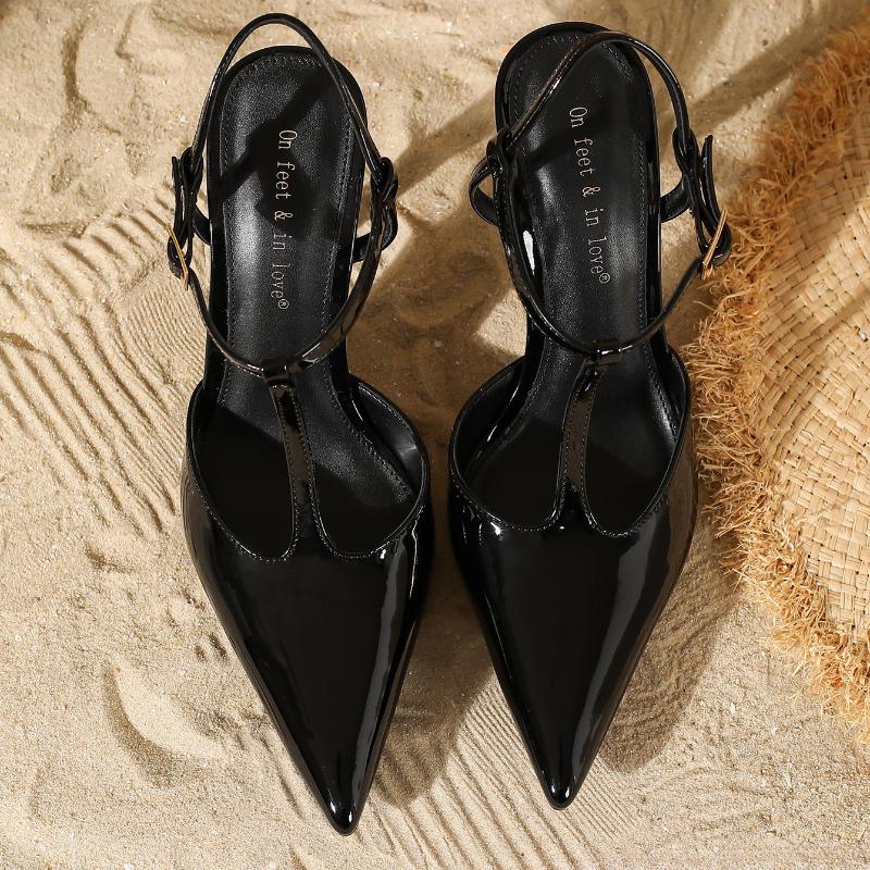 Black Pointed Toe T Strap Design Brand Pumps Women High Quality Patent Leather Ankle Buckle Dress Shoes Tacones Mujer Elegantes