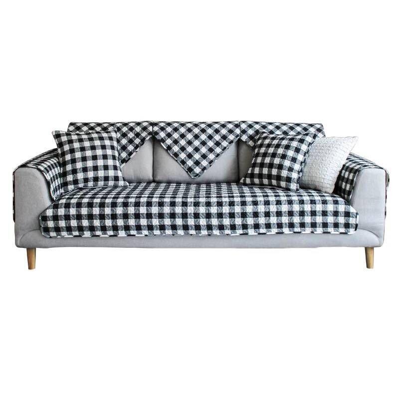 Classic All Cotton Fashionable Plaid Sofa Mat with Anti Slip Four Season Fabric, Simple and Modern Universal Sofa Cover and Towel
