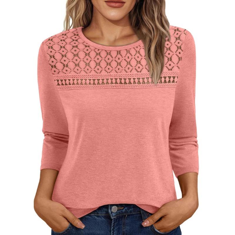 Women's Autumn Round Neck Top Lace Hollow Breathable Versatile Long Sleeve T-shirt