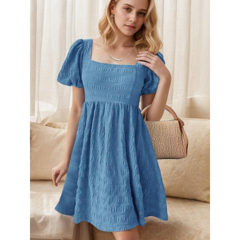 Women Summer Square Neck Fitted Puff Sleeve A Line Short Dress