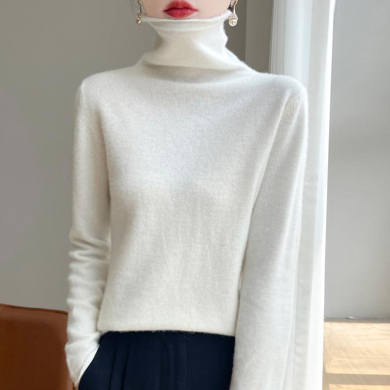 Women's 100% Wool Rolled Edge Turtleneck Sweater - Loose Fit Pullover Knit Base Layer