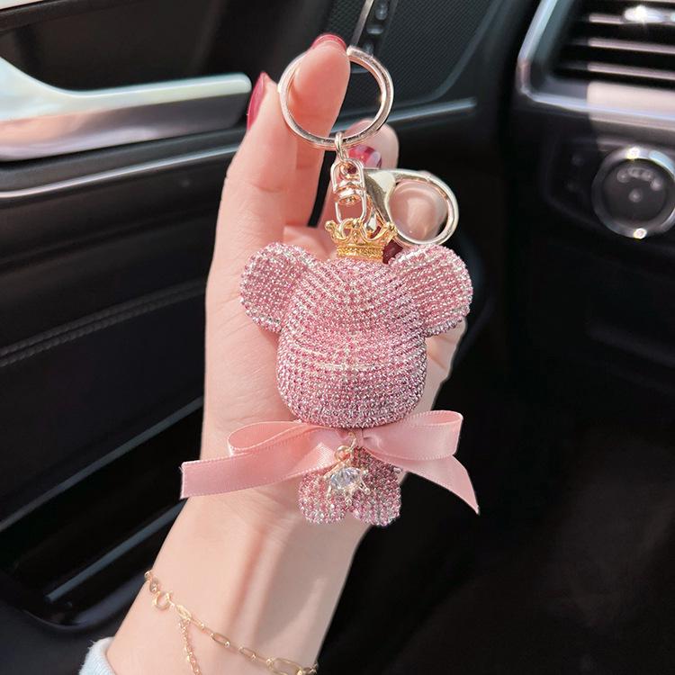 Stylish Diamond Crown Bear Keychain with Ribbon - Charming Doll Accessory and Elegant Gift