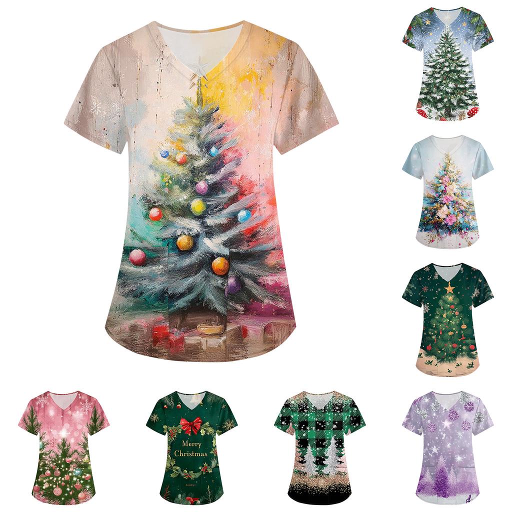 Women's Fashion V-Neck Short Sleeve Overalls With Pockets Christmas Printed Tops  Clothes