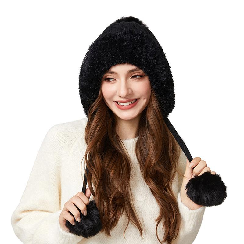 Autumn Winter Women's Three-Hair Ball Velvet Thick Cold Ear Protection Warm Knitted Cap