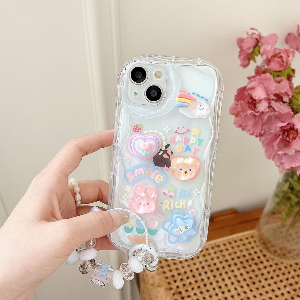 Applicable To IPhone14 Three Dimensional Wavy Rabbit Soft Shell Apple 16 15 Rainbow Ice Cream Bracelet Mobile Phone Case