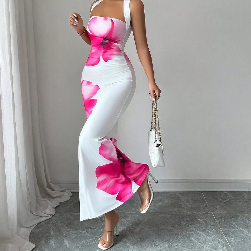Elegante abito lungo da donna con stampa floreale da appendere al collo, vestibilità aderente che abbraccia i fianchi, abito a coda di pesce per le vacanze estive