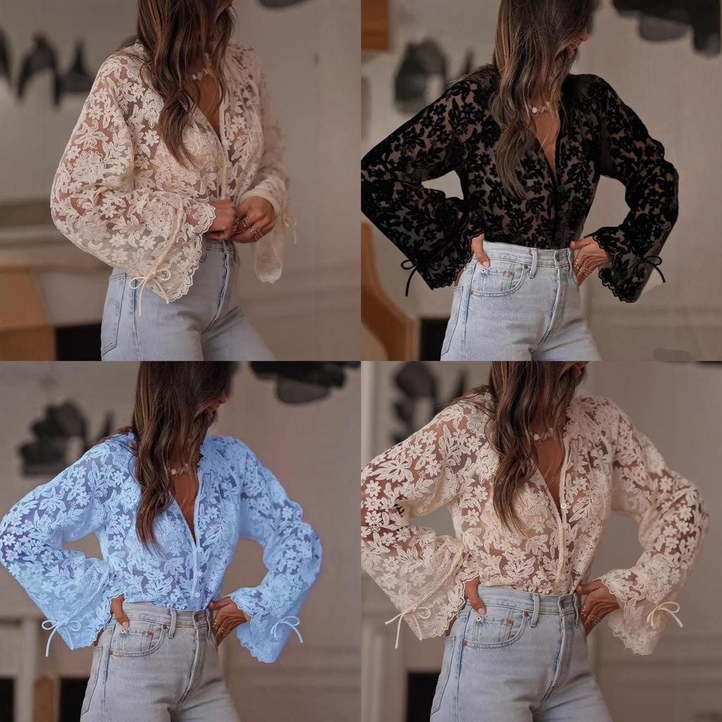 Summer Lace Shirt For Women With Long Sleeves And Round Neck In Pure Color For Street Style Fashion