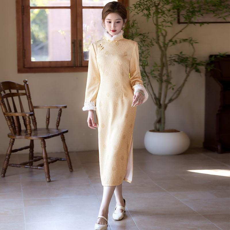 Womens Long Sleeve Chinese Style Dress Winter Warm Lined Yellow Brocade Qipao Vintage Daily Wear
