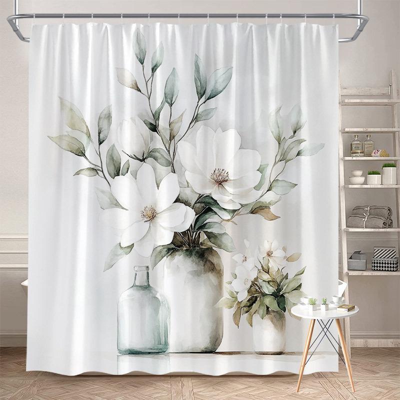 Watercolor Floral Shower Curtain - White Magnolias & Green Leaves on Light Grey, Machine Washable Minimalist Bathroom Decor