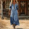 Beach Casual Dress Denim Print Maxi for Women, Long Sleeve V with Rolled Sleeves Neck Dress, Summer Loose A-line Flowy Vacation