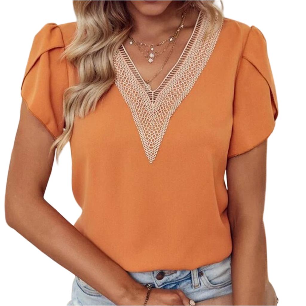 Ladies' Fashionable Casual Color V-neck Short Sleeved T-shirt Top