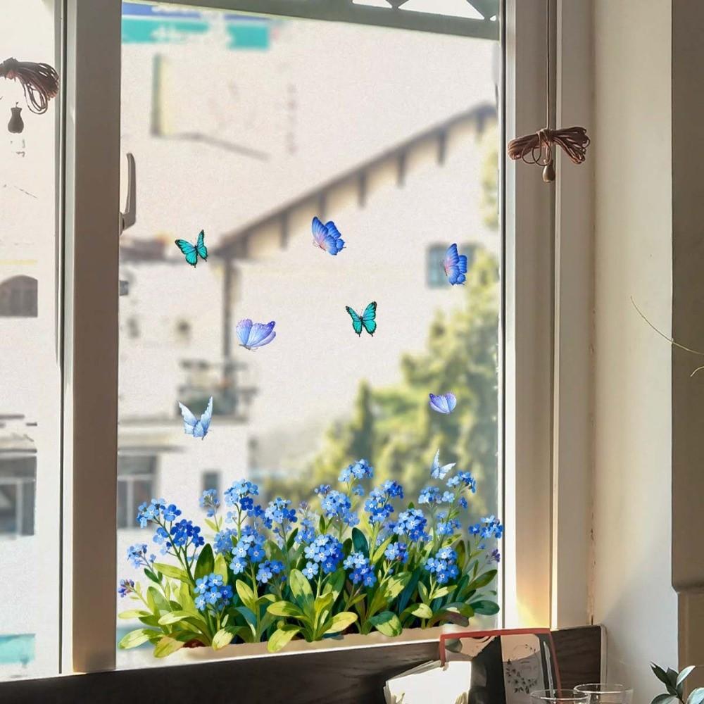 Tulip and Leaf Colorful Flower Window Stickers Glass Wall Decal Flower Butterfly Glass Electrostatic Film Transparent