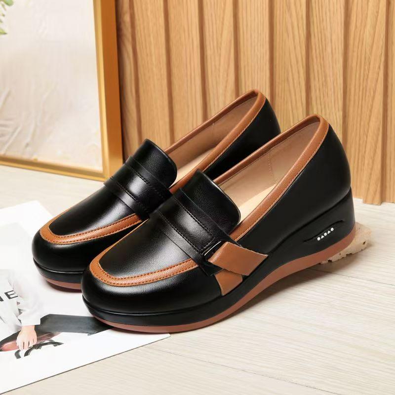 Women's Genuine Leather Big Size Wedges Shoes Spring Autumn New Thick Sole Round Toe Shallow Slip On Work Shoes Commuter Shoes