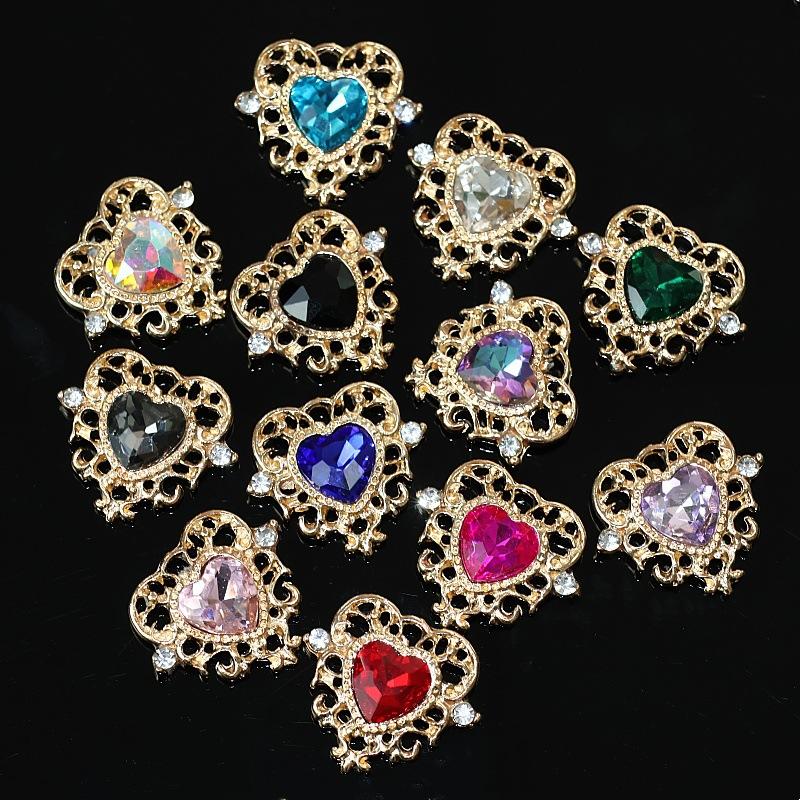 10Pcs Fashion Vintage Hollow Lace Crystal Peach Heart Love Accessories Baroque Alloy Accessories DIY Handmade Materials