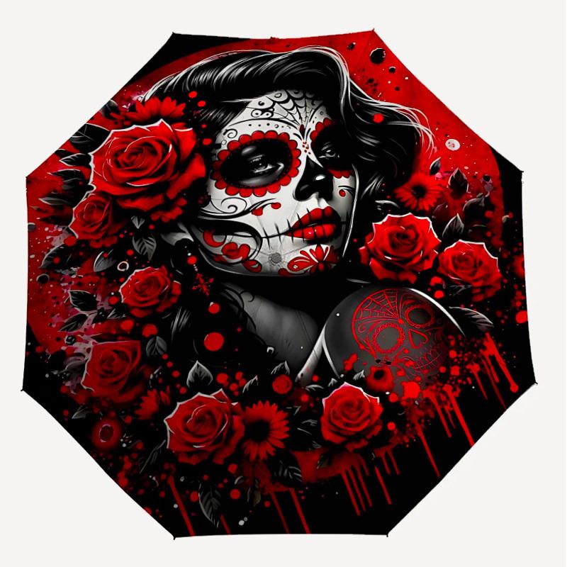 1PC Day of the Dead, Sugar Skull Umbrella-8-Rib Reinforced, Automatic Open, Lightweight & Durable, Fashion Accessory for Outdoor, H0380
