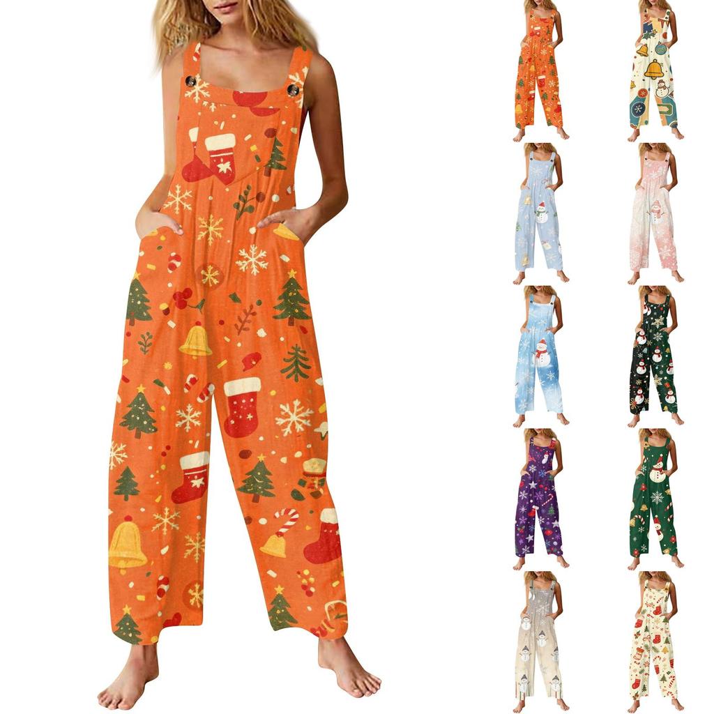 Women's Christmas Print Overall Jumpsuit with Loose Retro Casual Fit for Holiday Party